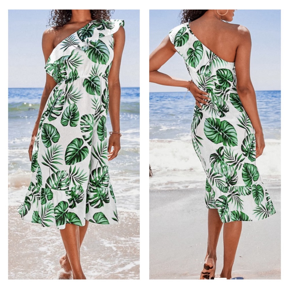 NWT CUPSHE Violet Tropical‎ One Shoulder Ruffle Dress Women’s XS in Green White